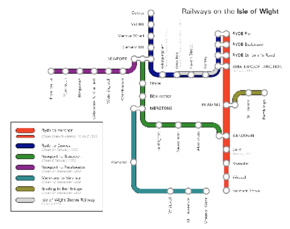 Map showing the historical and current railway lines and stations across the Isle of Wight