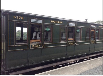 Vintage Southern railway carriage exterior resting at the platform