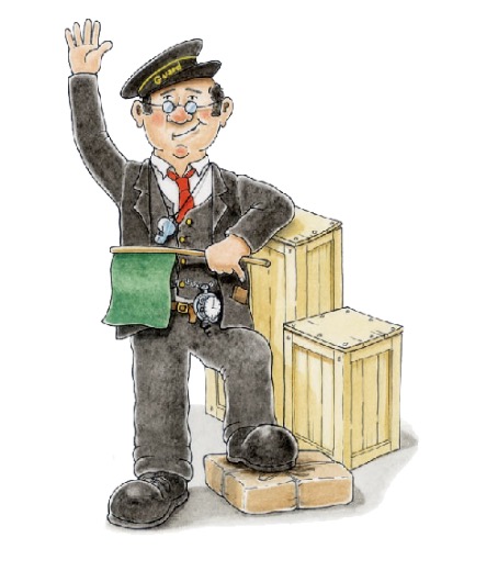 Cartoon of a station guard in a peaked cap holding a green flag next to wooden crates