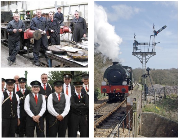 Collage showing signal box levers, workshop volunteers, station staff, and a passing steam train