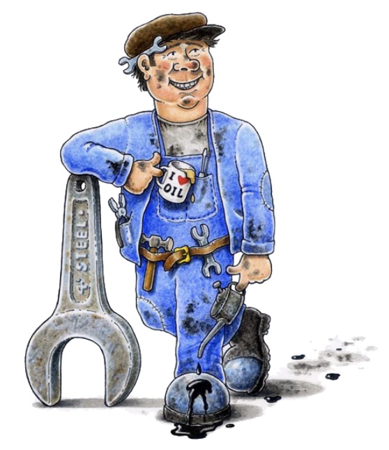 Illustration of a railway engineer wearing blue overalls and holding an 'I Love Oil' mug