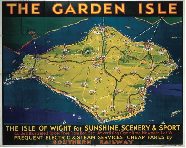 Vintage illustrated map titled The Garden Isle showing railway lines across the Isle of Wight