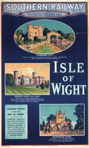 Classic Southern Railway Isle of Wight poster featuring Carisbrooke Castle, Osborne House, and Whippingham Church