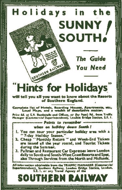 Victorian Southern Railway advert titled Holidays in the Sunny South promoting the Hints for Holidays guide