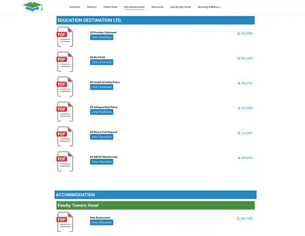 Compliance library showing risk assessments and safety certificates for school trips