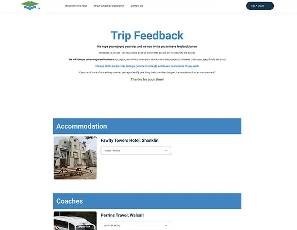 Post-trip feedback interface with star ratings and educational impact review