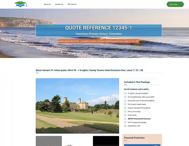 Education Destination Client Portal interactive quote and itinerary builder interface